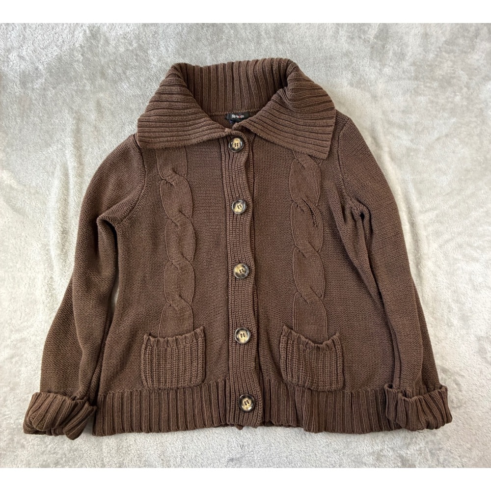 Style&co Cardigan Sweater Women XL Brown Cable Knit Button Front Shawl Collar